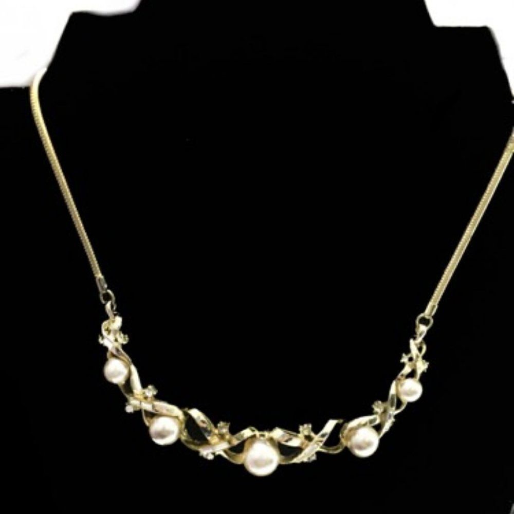 Vtg Corocraft gold pearl rhinestone 14" necklace - Picture 4 of 11